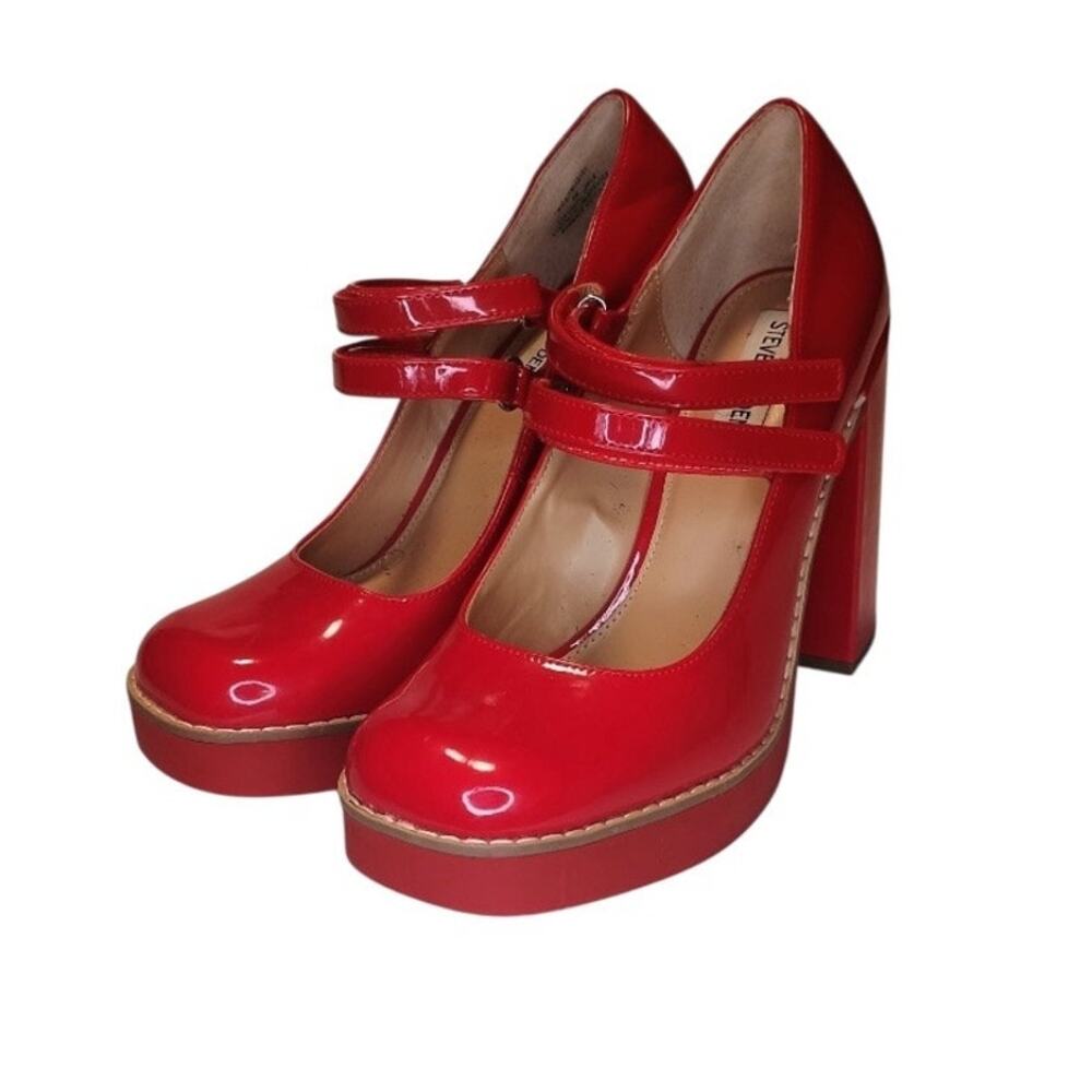 Steve Madden Twice Patent Red Platform Mary Jane Block Heels Double strap 9m - Picture 2 of 16